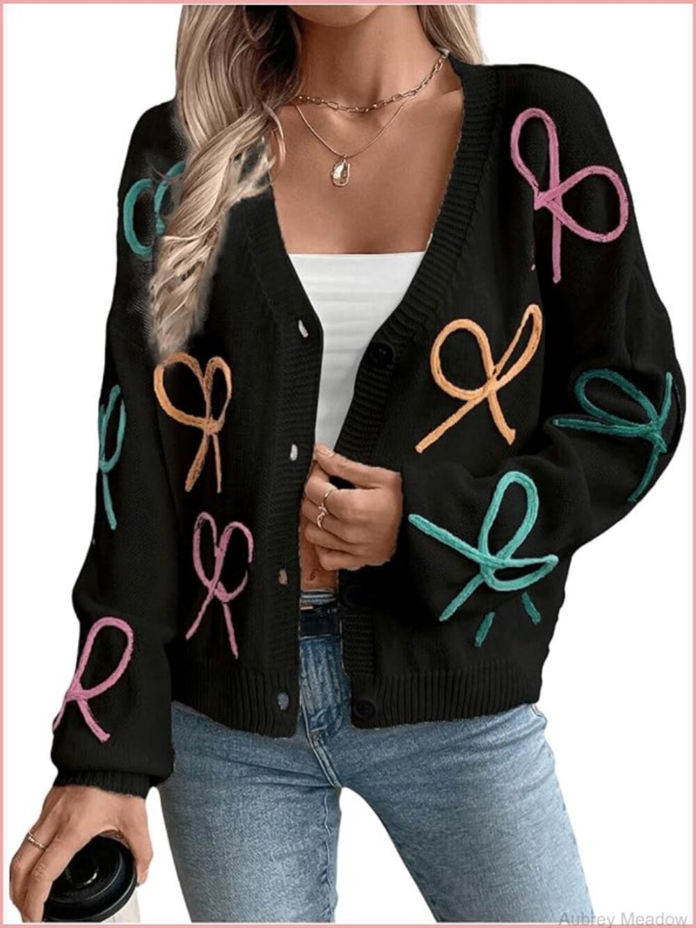 Bow Cardigan Button Down V-Neck Long Sleeve Drop Shoulder Knit Sweater Loose Fit